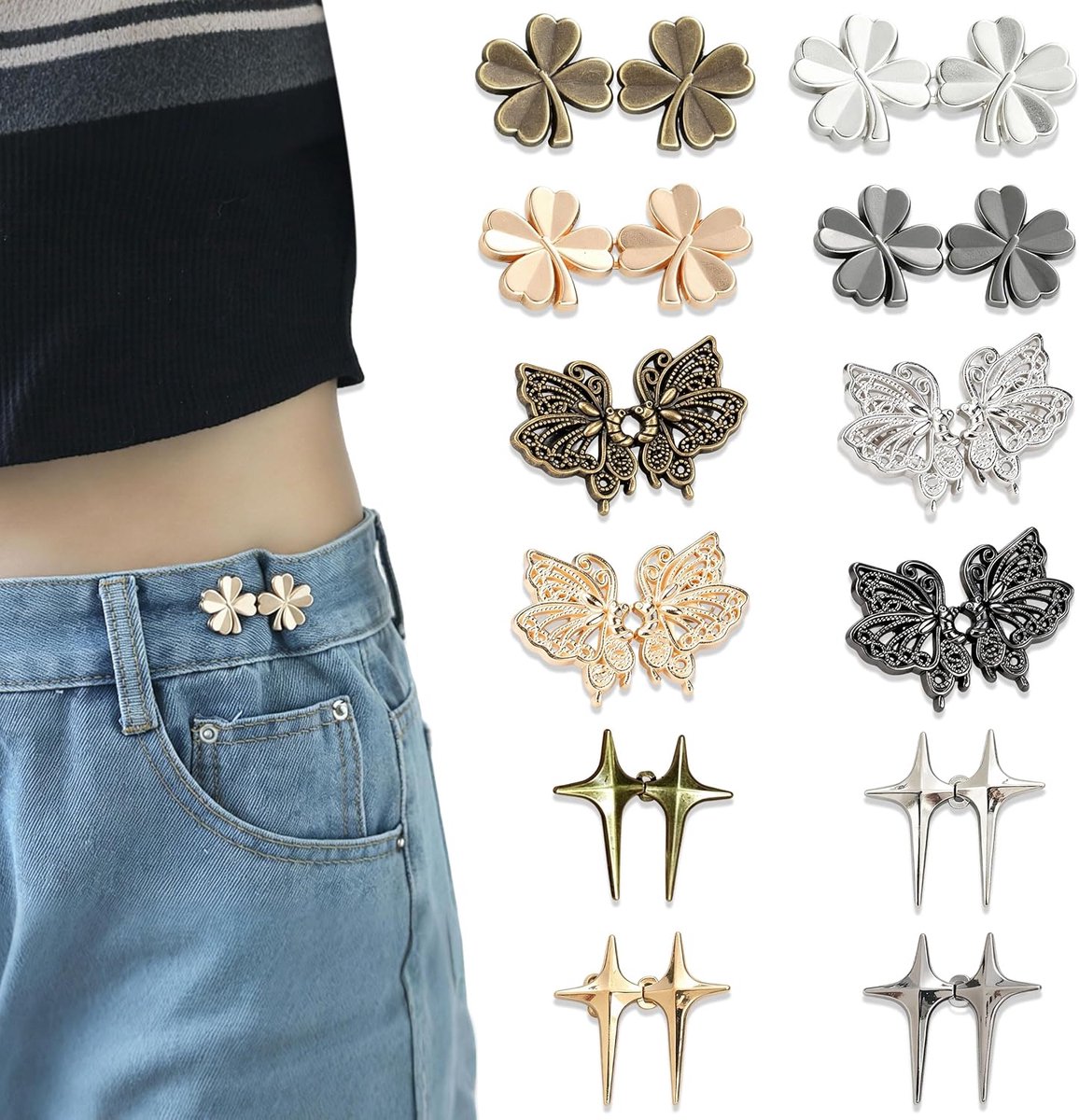 Knopen, Verstelbare Knopen voor Jeans in 3 Designs en 4 Kleuren, Afneembare Jeansknopen van Metaallegering voor Broeken Rokken Jassen en Mantels