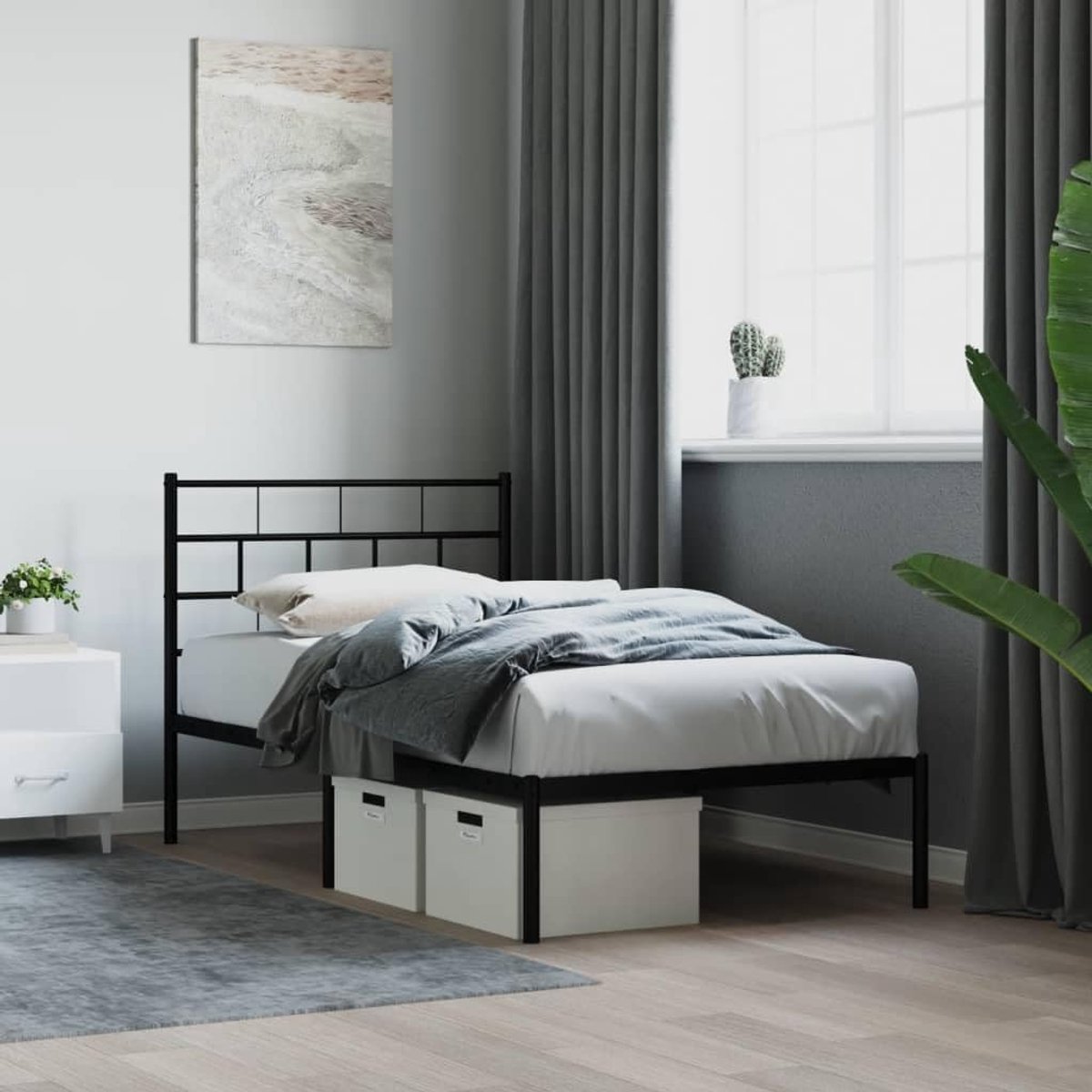 Bedframe met hoofdeinde, metaal, zwart, 100 x 190 cm, bedframe voor woonkamer, slaapkamer, hotelbedframe, geschikt voor slaapkamer