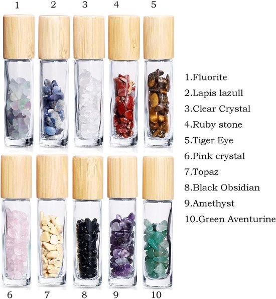 10 stuks 10 ml edelsteenrollerflesjes, proefflesjes met bamboedoppen, helende kristalchips erin voor etherische oliën, parfums, aromatherapie — afbeelding 4