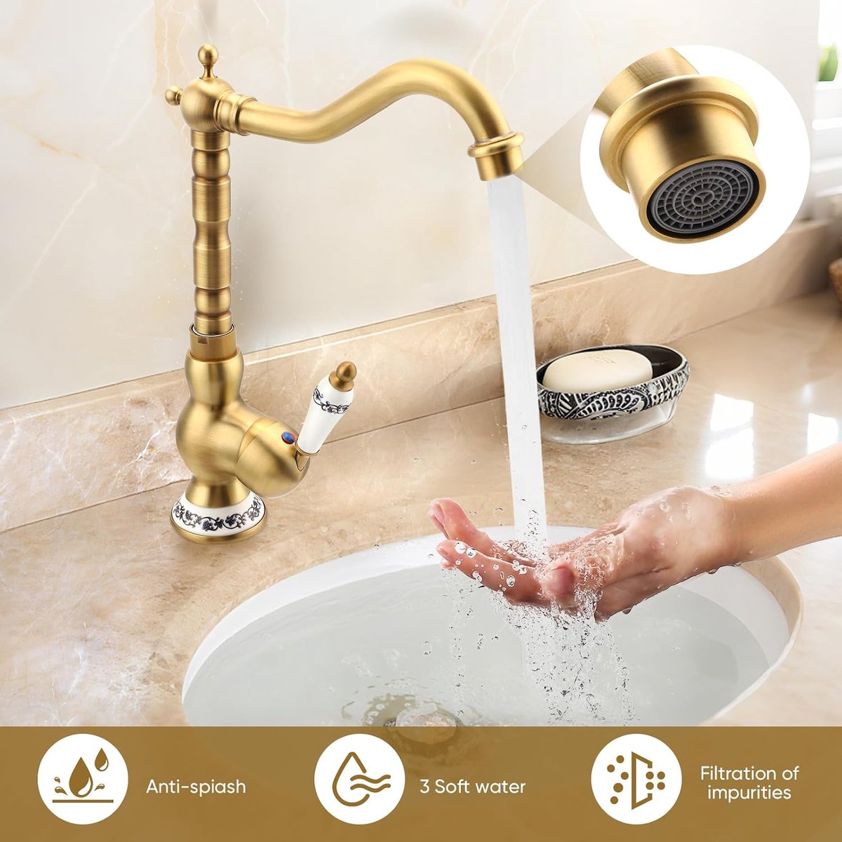 Kraan Keukenkraan 360° draaibaar, messing badkamerkraan, eengreepsmengkraan voor op het aanrecht, warm en koud water, inclusief 2 flexibele slangen, duurzaam ontwerp
