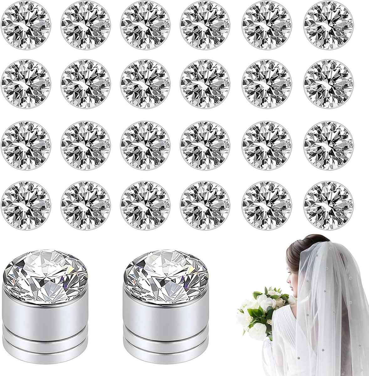 24 magnetische sluiergewichten met strasssteentjes, magnetische bruidssluiergewichten met diamanten voor kathedraalsluier, accessoires voor bruiden bij buitenbruiloften