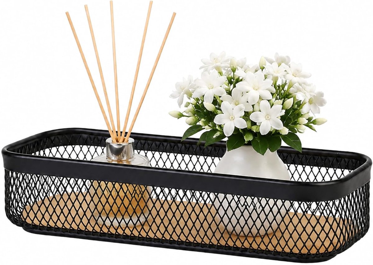 Mand zwart van draadmand en houten plaat, klassiek eenvoudig design