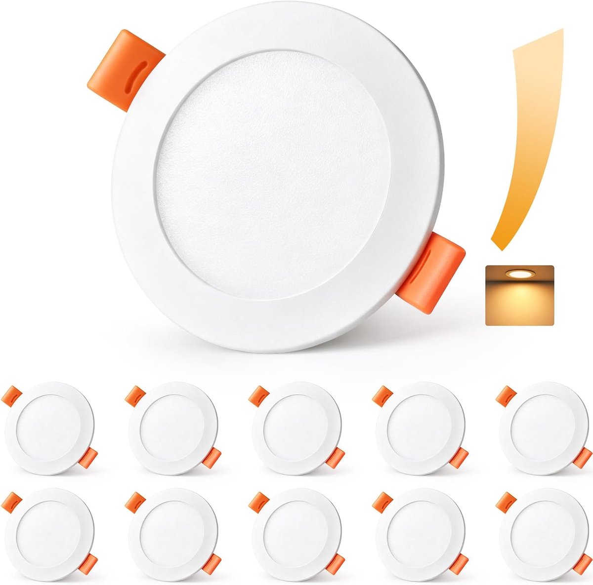 230 V, 5 W, 1090 lm, uitsparing Ø 65-75 mm, dimbaar, extra plat 25 mm, IP44 waterdicht, 2700 K, warmwit, voor badkamer, keuken en woonkamer, wit, 10 stuks