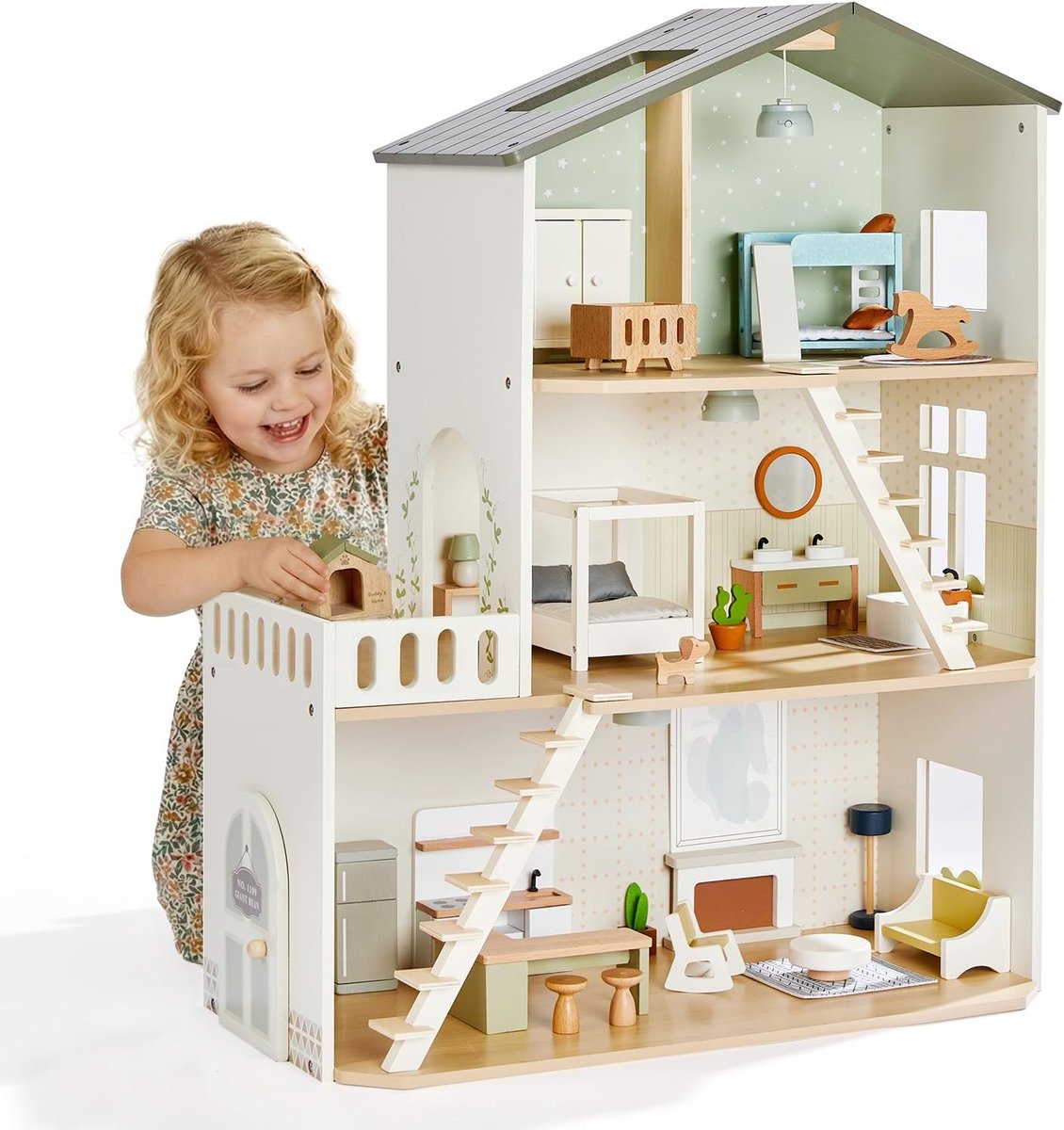 Poppenhuis Met Verlichting 3 Etages 37 Meubels Scandinavisch | Grote Speeldiepte Toegankelijke Kamers Voor Kinderen Jaar