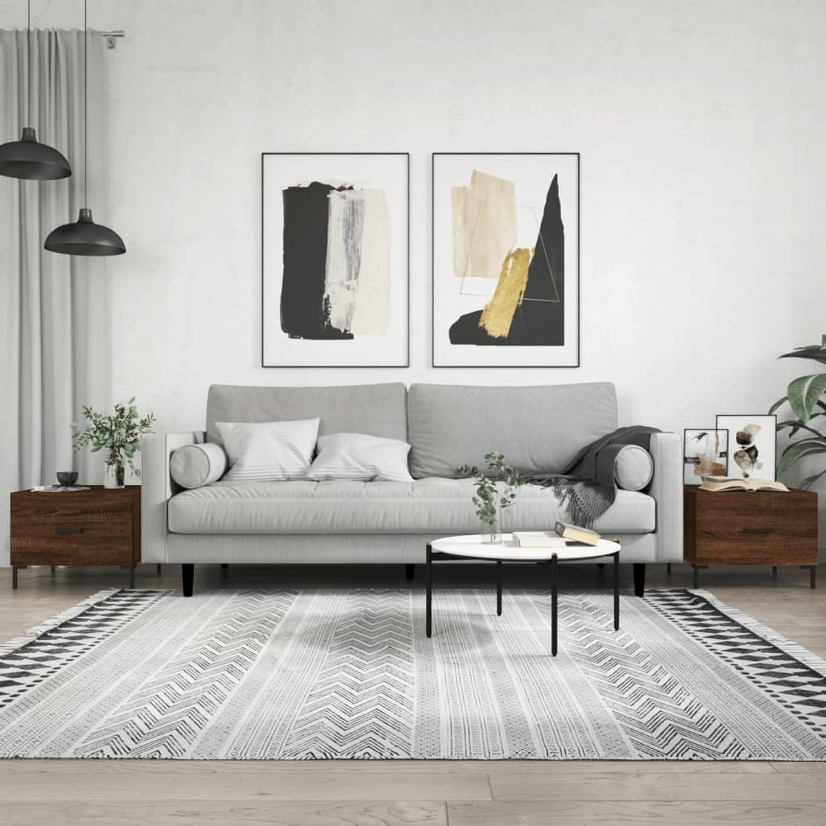 Salontafels in bruin eikenlook, 50 x 50 x 40 cm, houten materiaal met opbergruimte, stabiel tafelblad en ijzeren poten, voor woonkamer, 2 stuks