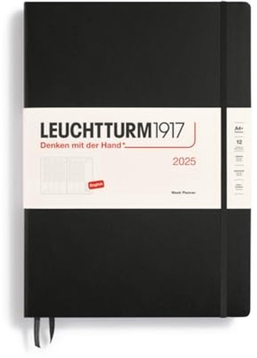 Weekplanner 2025 A4+ - Hardcover 12-maandenkalender - Gelinieerd, zwart, Engels