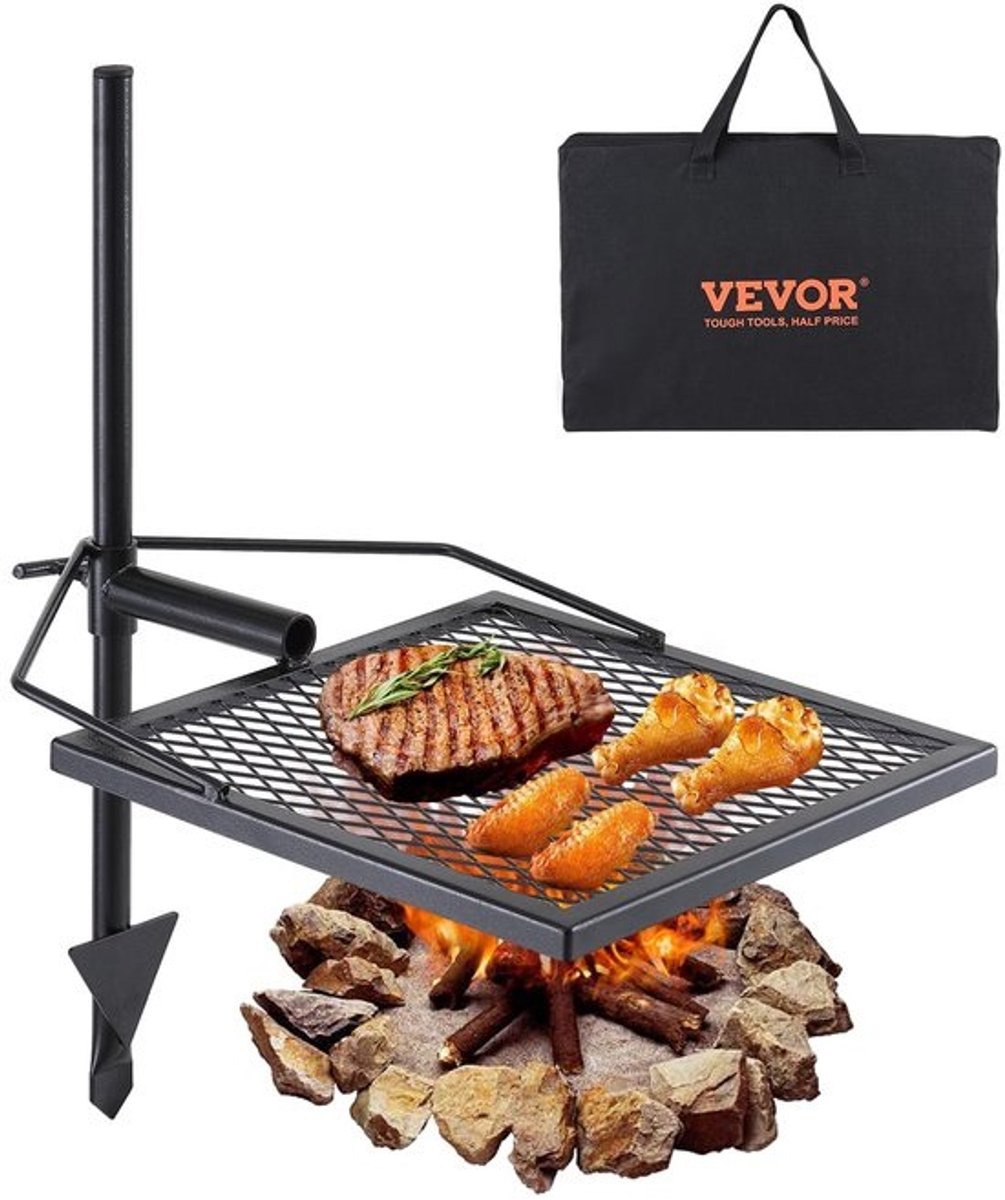 Zwenkgrill van staal - 405 x 405 mm - Houtskoolgrill met draagbaar grillrooster - Draaispies - Belastbaarheid van 6 kg - Tot 300 °C - Vrijstaande BBQ-grill - Grillwagen - Voor camping