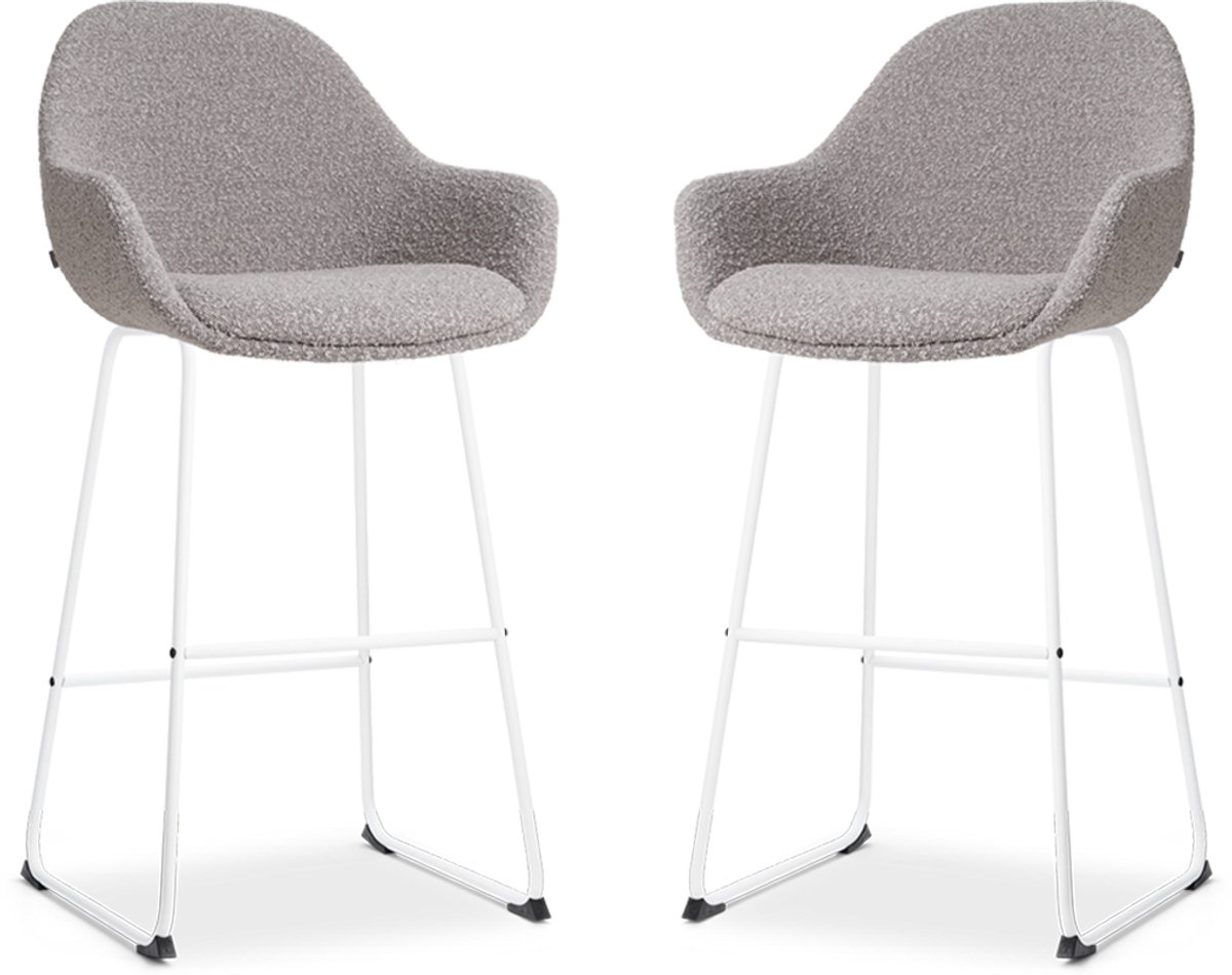 Nolon Nino-Mae Barkrukken Set van 2 Bouclé Taupe - Wit Onderstel - 75 cm - Hoge Kruk - Barkruk met Rugleuning - Design - Scandinavisch - Comfortabel Bouclé - Taupe - Wit onderstel
