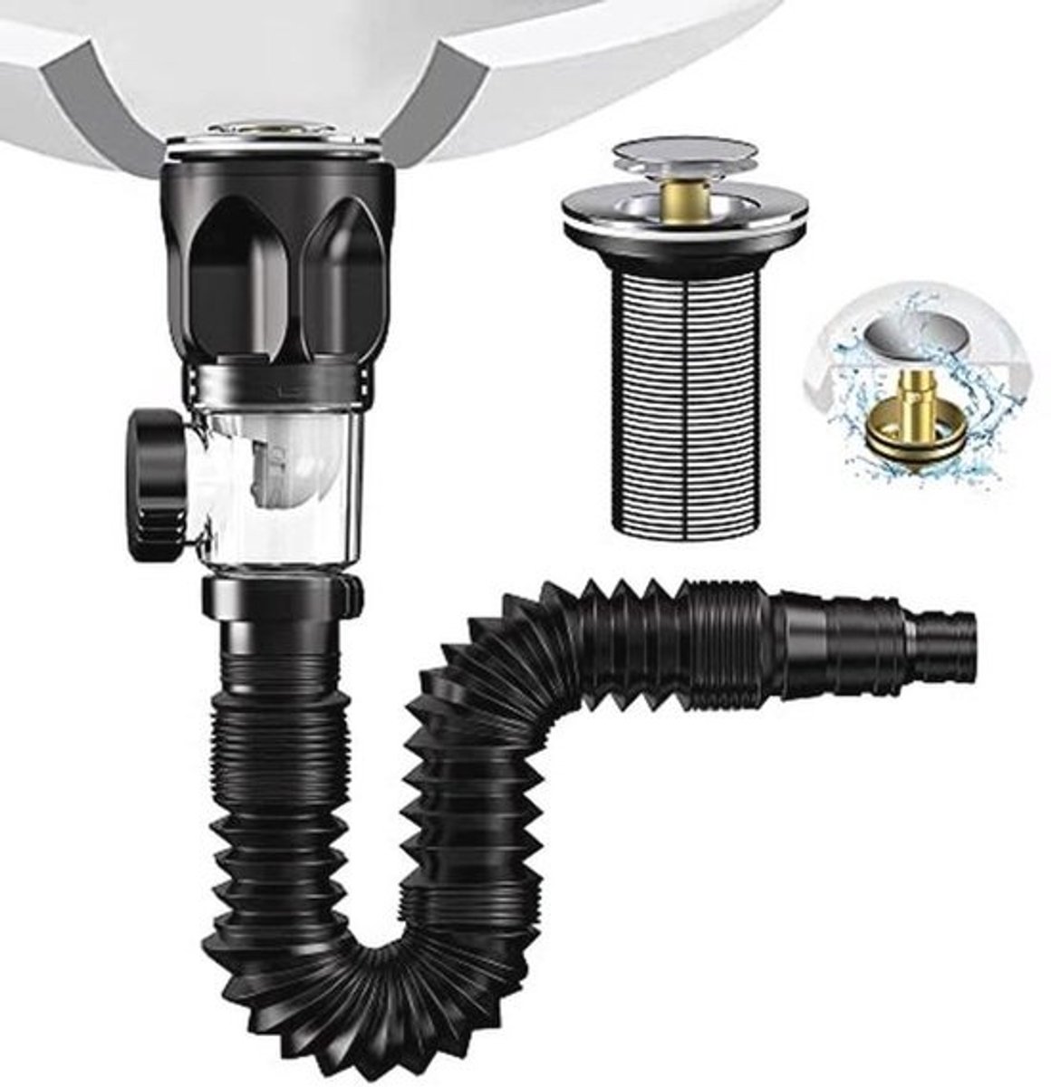 Badkamergootsteen afvoerset met flexibele afvoerbuis en pop-upkern – geschikt voor 1-1/4 inch of 1-1/2 afvoeropeningen
