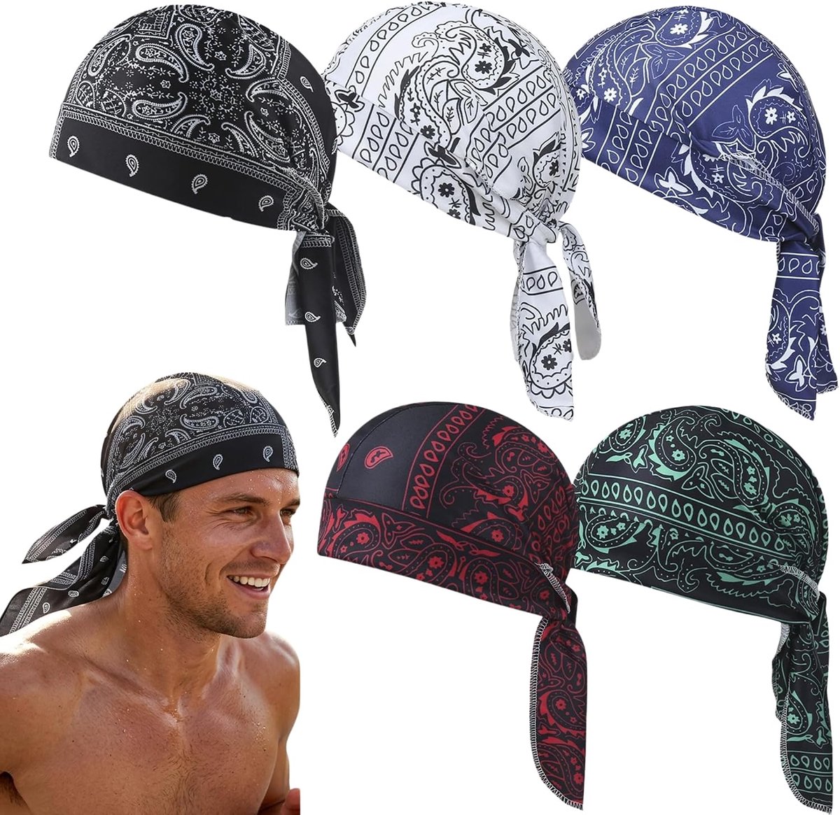 5 stuks paisley verkoelende hoofddoek, bandana, elastische pasvorm, 55-60 cm, sneldrogend en ademend, praktische helmvoering, veelzijdige hoofddoek voor zomer, sport, hardlopen, paardrijden