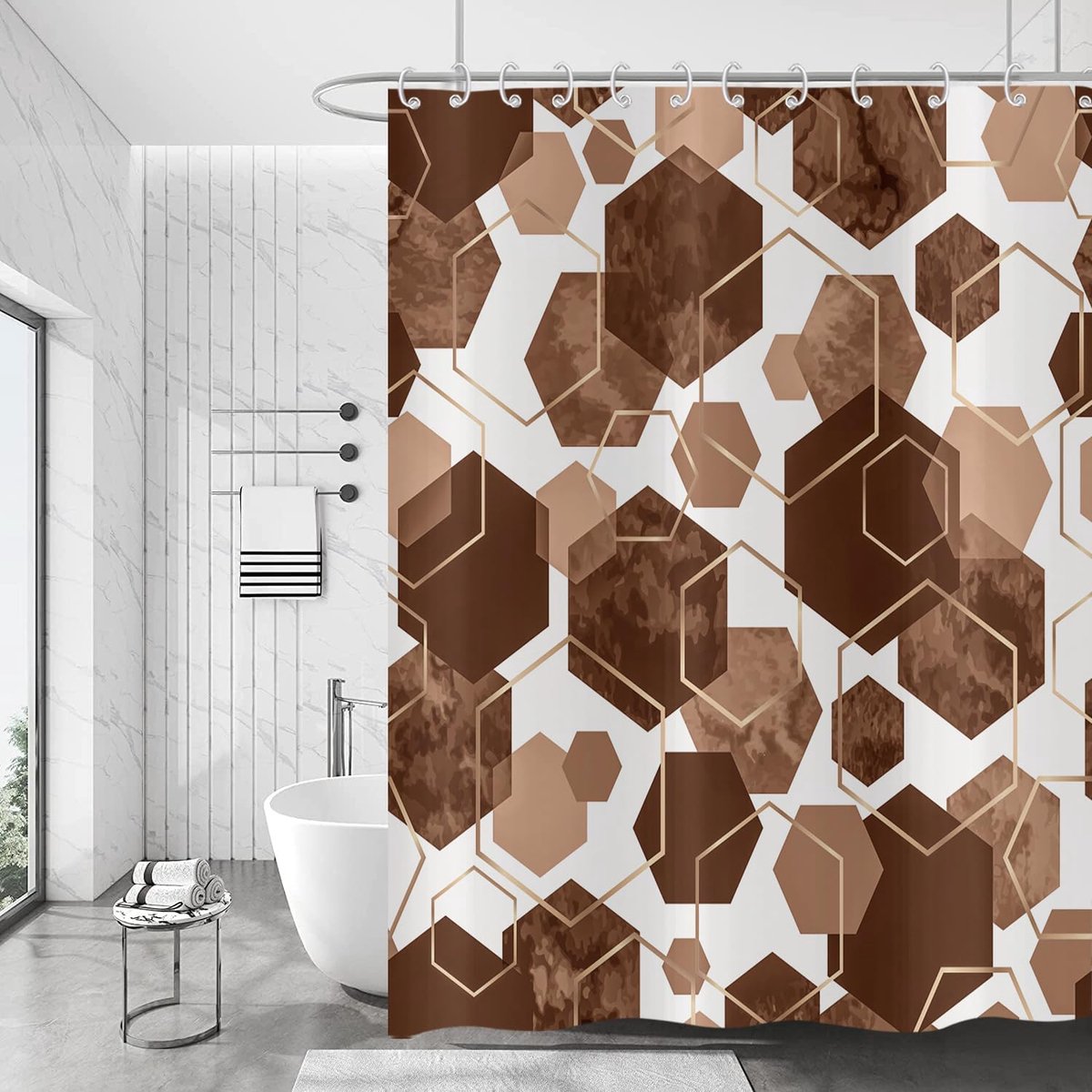 Douchegordijn, bruin, 180 x 200 cm, modern, geometrisch, zeshoekig, kunst, abstract, waterdicht, wasbaar polyesterweefsel, met haken