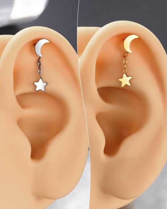 Piercing Sieraden Kraakbeen Oorbellen G23 Solid Titanium Labret Lip Stud Zilver/Goud Platte Terug Intern Schroefdraad Tragus Conch Oorbellen Maan & Ster Vooruit Medusa Piercing Sieraden — afbeelding 5