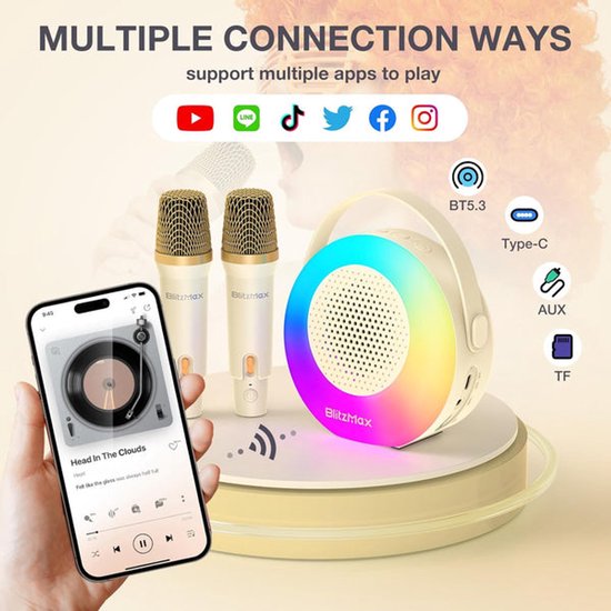 Karaoke-machine met 2 draadloze microfoons, Bluetooth-karaoke-luidspreker voor kinderen en volwassenen - Beige — afbeelding 3