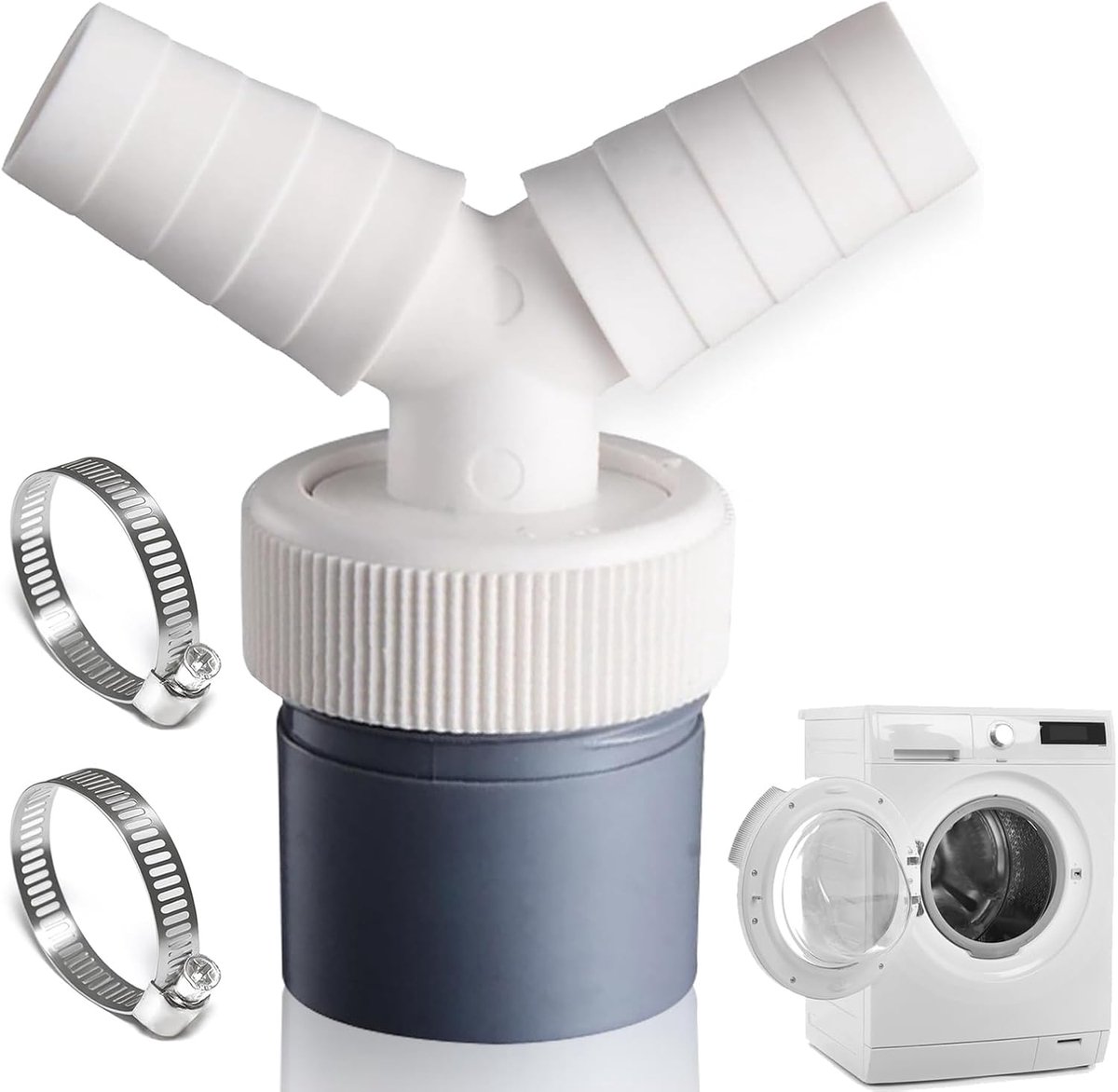 Dubbele aansluiting Y voor wasmachines en vaatwassers, met uitlaat voor buis Ø40 mm en inlaat Ø18-24 mm, Met slangklem