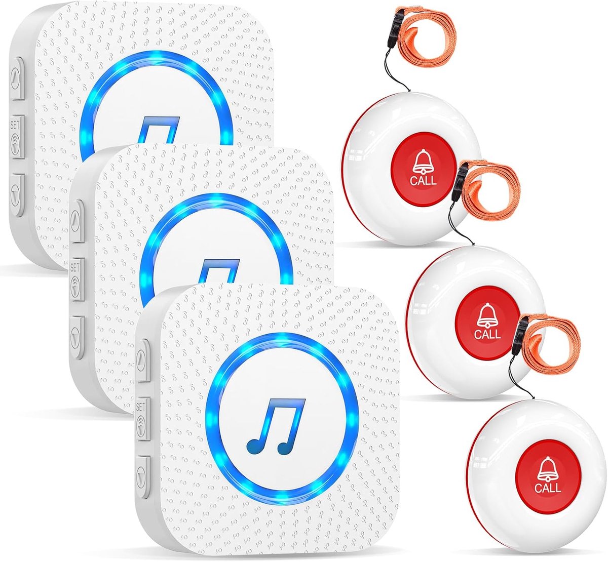 Draadloze mobiele alarm, noodoproepknop, senioren, noodoproep, verzorging, bel, 55 beltonen, 150 m, ontvangstbereik, noodoproepknop voor senioren, geschikt voor ouderen, patiënten/zwangere