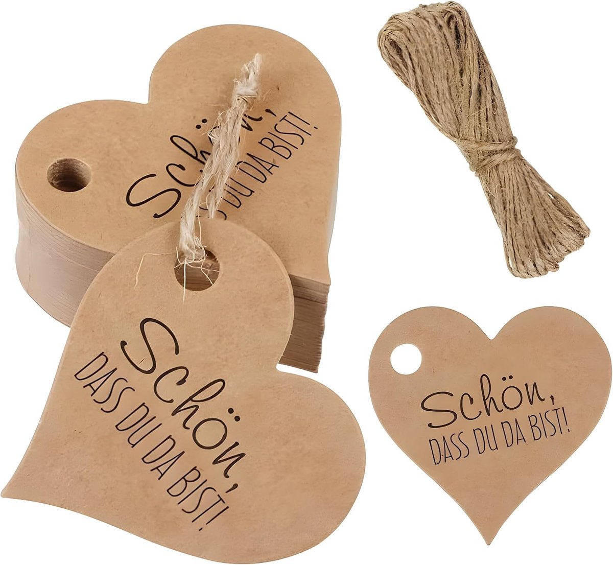 Hangers, 100 stuks hart kraftpapier cadeauhangers, Beautin dass du da bist etiketten harthanger met koord voor Valentijnsdag bruiloft geschenken