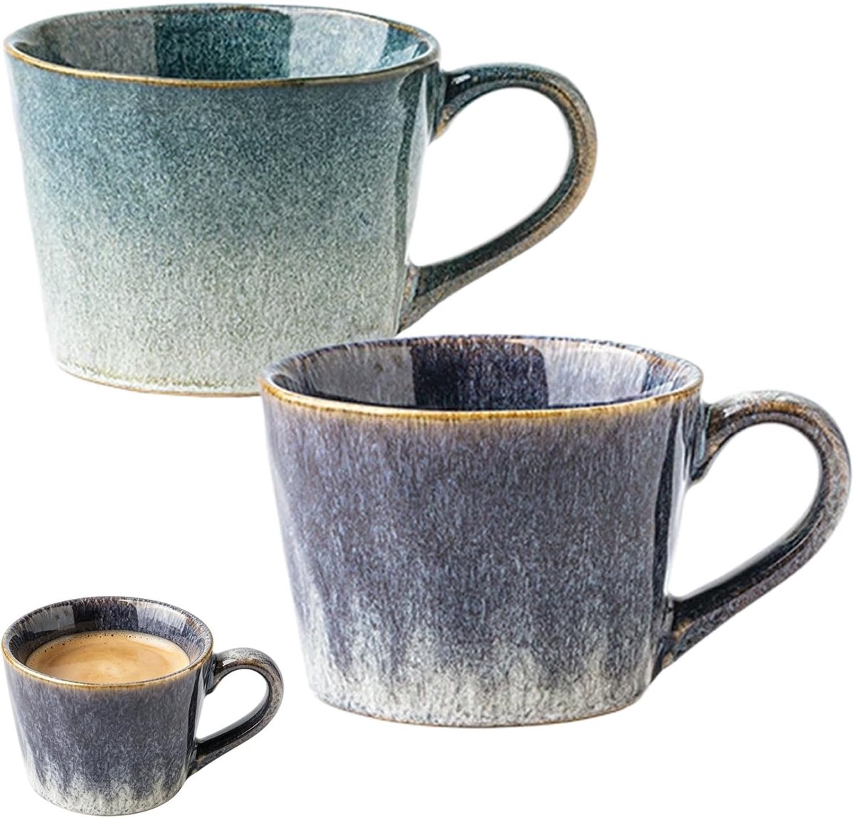2 stuks koffiekopjes keramiek: 350 ml retro glazuur koffiekopjes, handgemaakte theekopjes melkbeker met handvat, vaatwasmachinebestendig, magnetronbestendig, voor kantoor en thuis