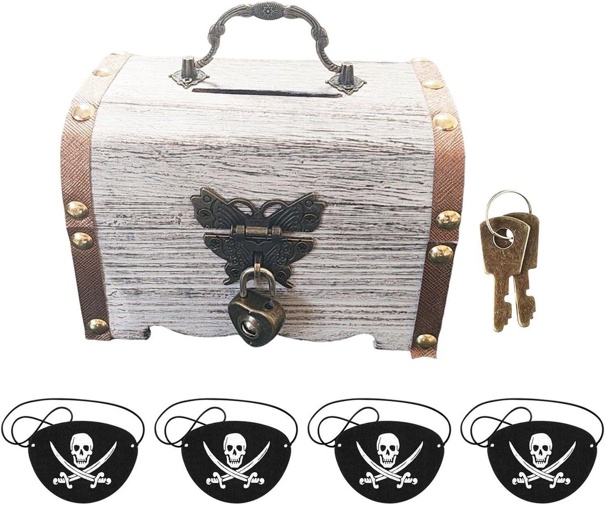 Houten Spaarpot Met Slot - Retro Spaarpot - Inclusief 4 Piraten Oogmaskers - Creatieve Verkleedaccessoires - ShopVlot