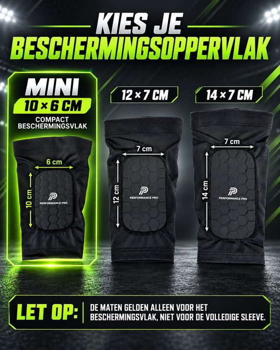 Zwarte beschermingsvlakken met Performance Pro logo. Maten: 10x6 cm (mini), 12x7 cm, 14x7 cm.