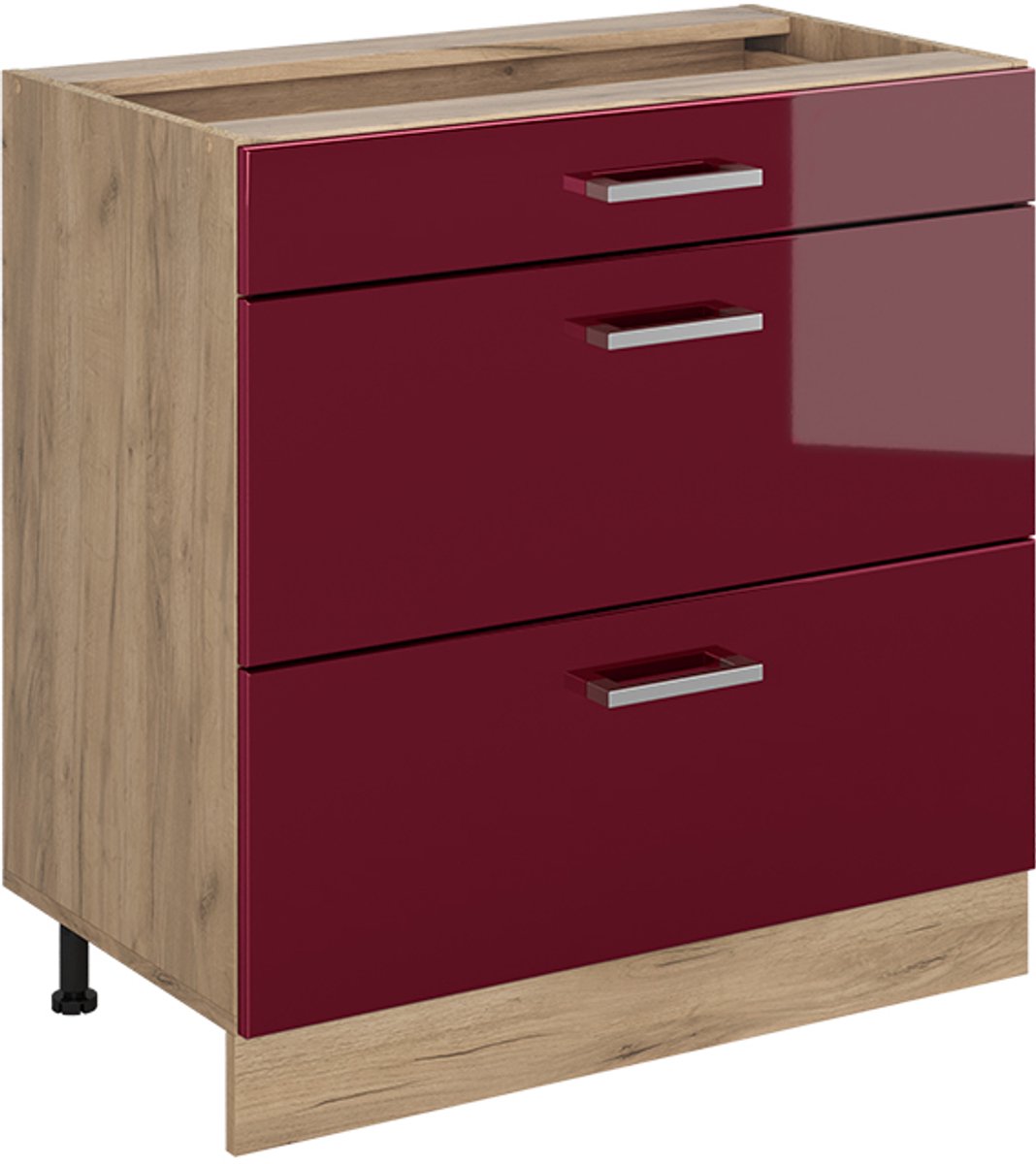 Vicco Keukenonderkast R-Line, Rode hoogglans/Goudkleurig Eiken, 80 cm met 3 laden zonder werkblad