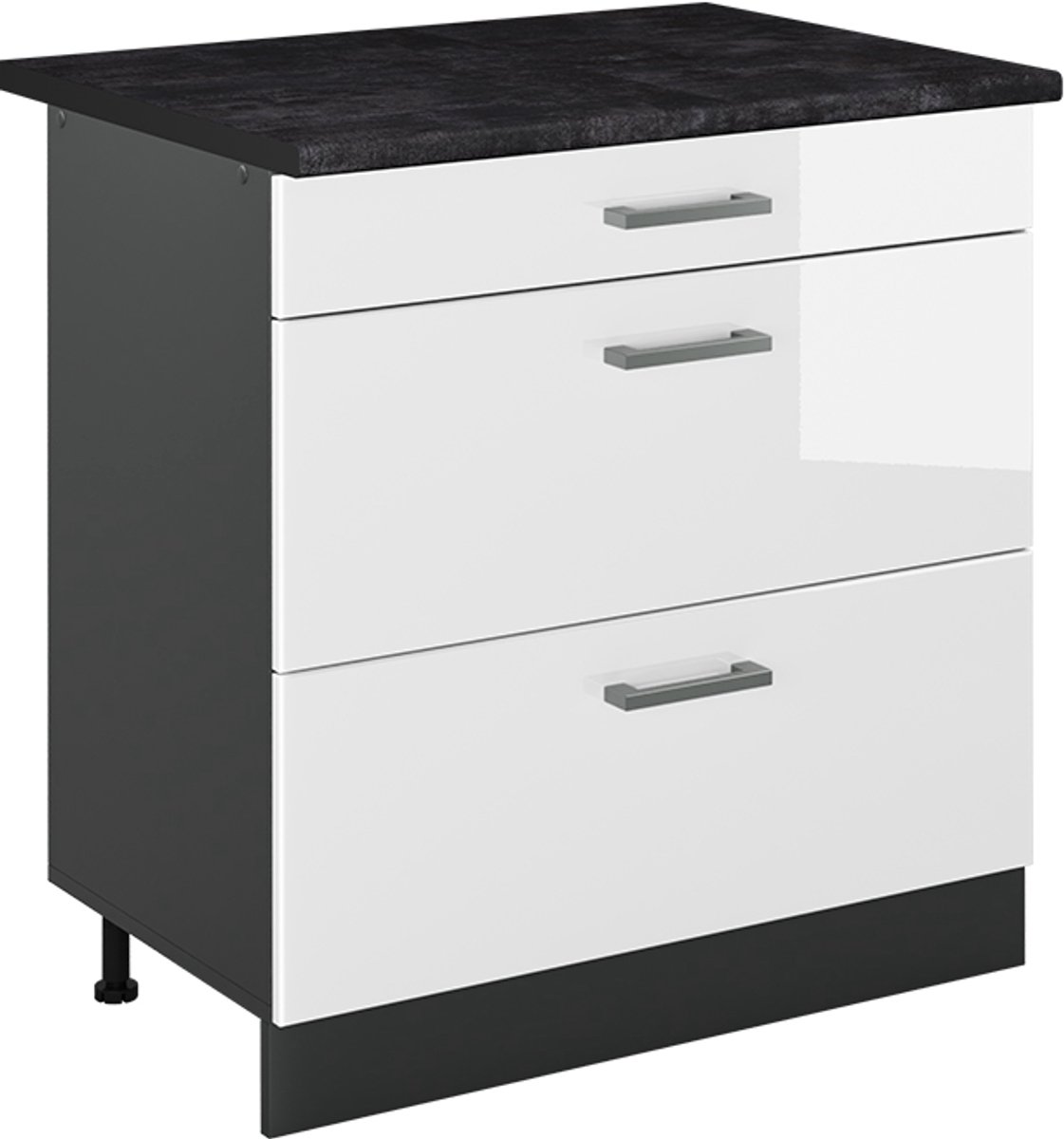 Vicco Keukenonderkast R-Line, Wit Hoogglans/Antraciet, 80 cm met 3 laden antraciet werkblad