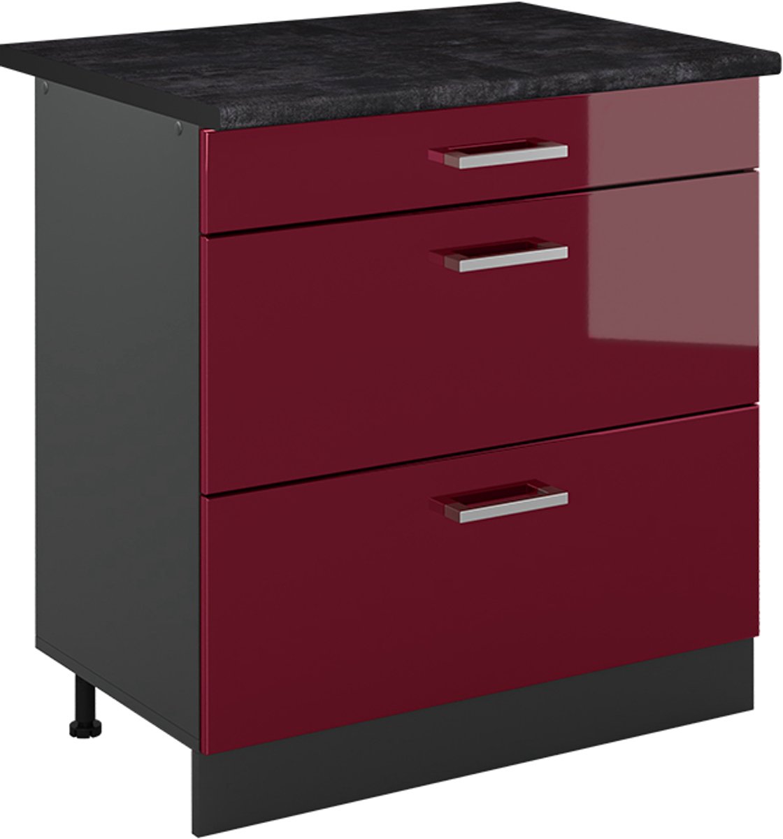 Vicco Keukenonderkast R-Line, Rode hoogglans/Antraciet, 80 cm met 3 laden antraciet werkblad