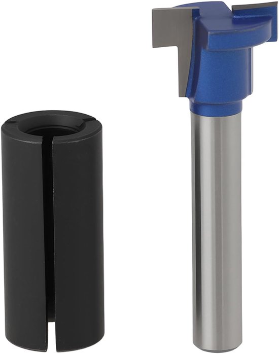 Blauwe T-sleuf frees met 6,35 mm schacht en een zwarte 12,7 mm naar 6,35 mm spantangadapter.