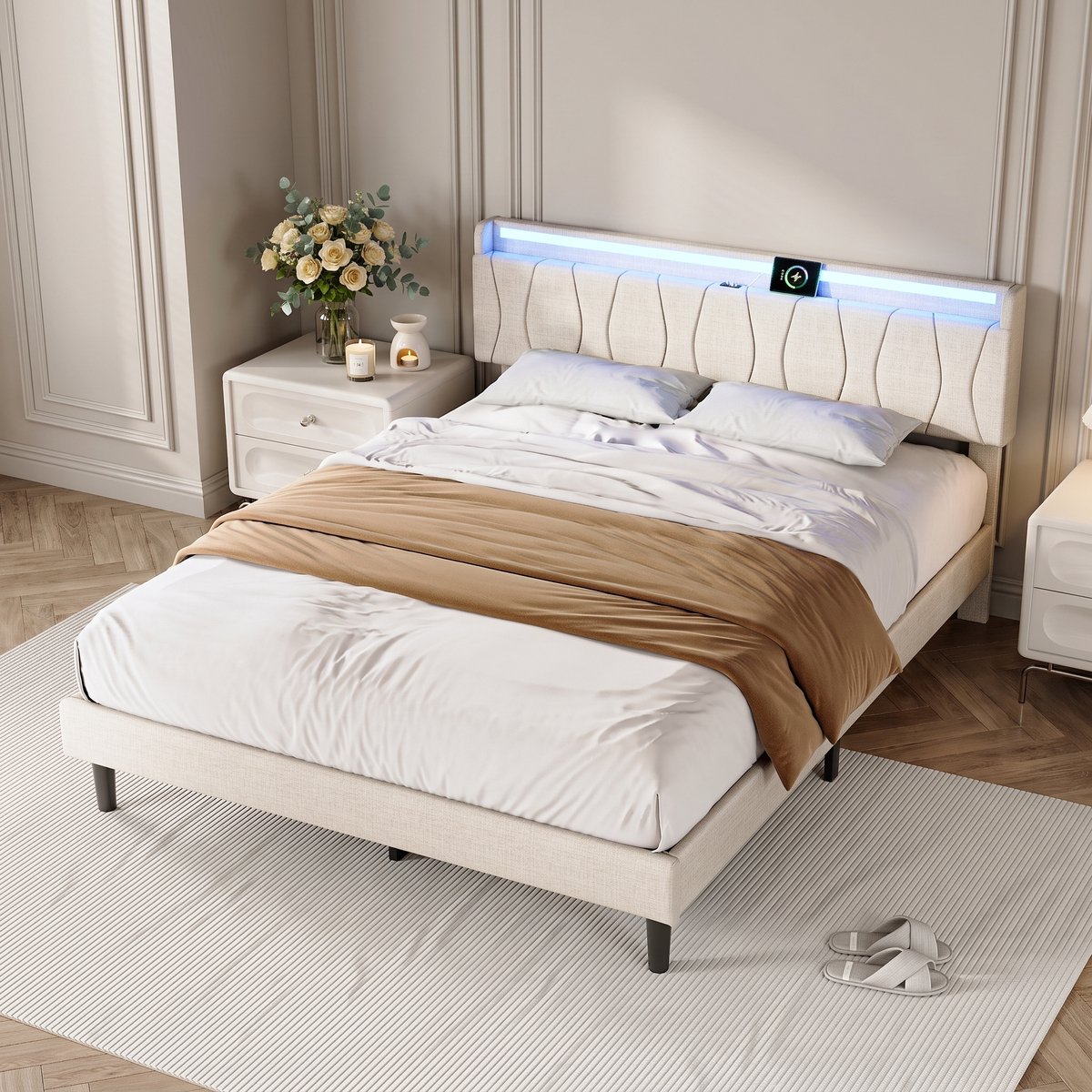 Tweepersoonsbed 160×200 cm, met opbergruimte in het hoofdeinde, gestoffeerd bed met led-lichtstrip en usb-oplaadpoort, bedframe met lattenbodem, linnen Beige
