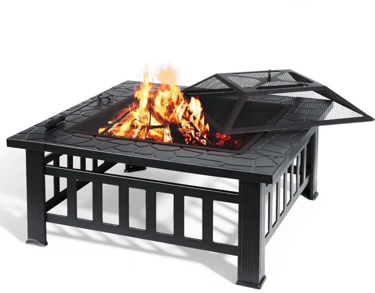 G&G vuurkorf voor buiten - Vuurschaal 80 cm - Vuurhaard - Tuinhaard - Tuin - Terras - BBQ - Met hoes - 80x80x45cm - Metaal - Zwart
