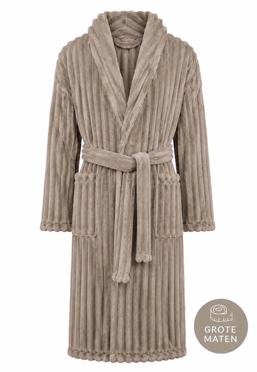 Badjas plus size - ribcord fleece - grote maten badjas - fluweelzacht – Relax Company - luxe badjas dames - taupe - maat 3Xl/4Xl