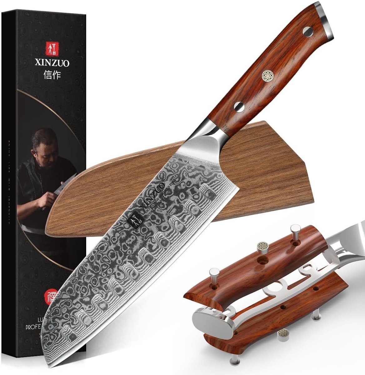 Professioneel Santoku Koksmes van Damaststaal - 18 cm - Perfect voor Koken, Snijden en Hakken