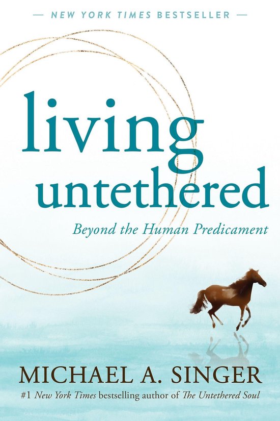 Boek 'living untethered', met gouden cirkels en een paard op water. Nieuwe York Times bestseller.