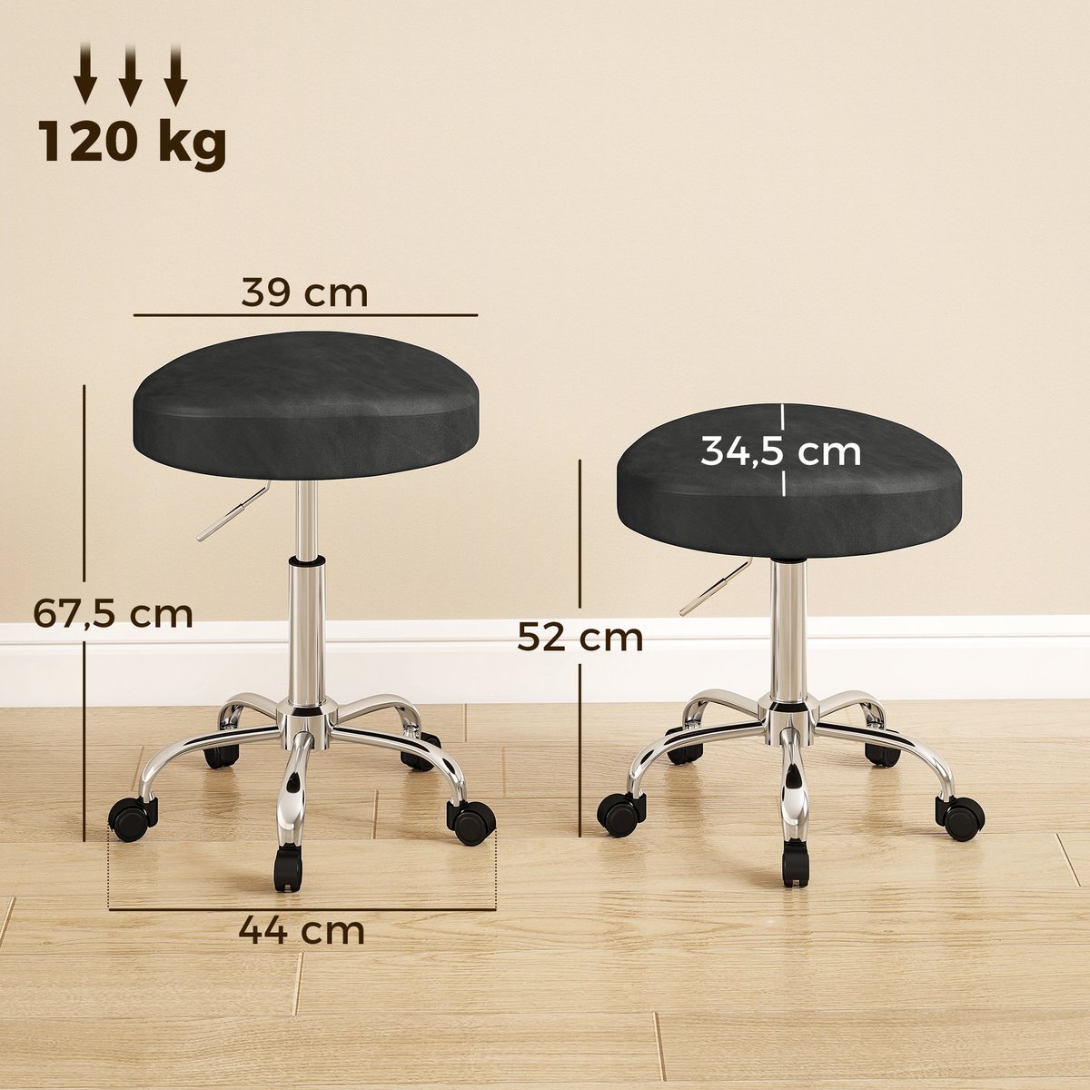 Salonkruk - in hoogte verstelbaar 52-67,5 cm, 360° draaibaar, op wielen, PU-kunstleer, tot 120 kg, voor salon en beautyruimte