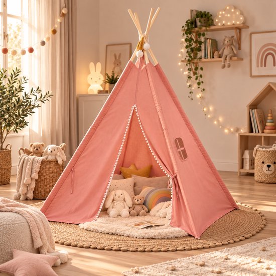 Roze tipi speeltent in een lichte kinderkamer met decoratie en speelgoed. Veel speelplezier.