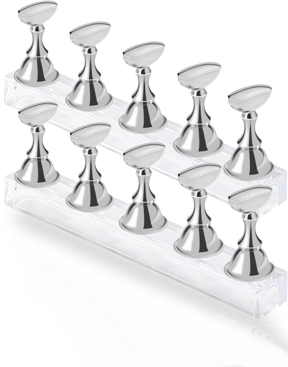 Nagel standaard - Nagelhouders - TENZHVXI® - Magnetische Basis Voor Stabiliteit - Duurzaam Acryl En Plastic - Set Met 2 Basen en 10 Standaards - Voor Thuis Oefenen En Salon Gebruik - Zilver