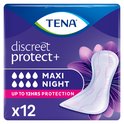 TENA Discreet Maxi Night in paarse verpakking met een witte inlegger met roze bloemmotief. 12 stuks, maxi nacht, tot 12 uur bescherming.