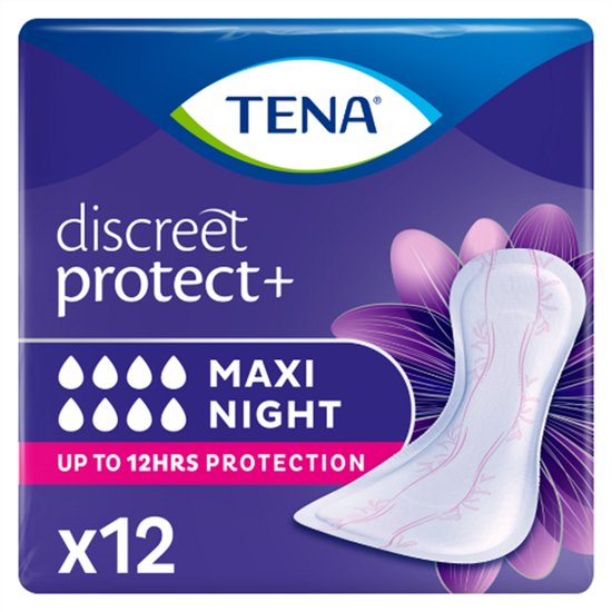 TENA Discreet Maxi Night in paarse verpakking met een witte inlegger met roze bloemmotief. 12 stuks, maxi nacht, tot 12 uur bescherming.
