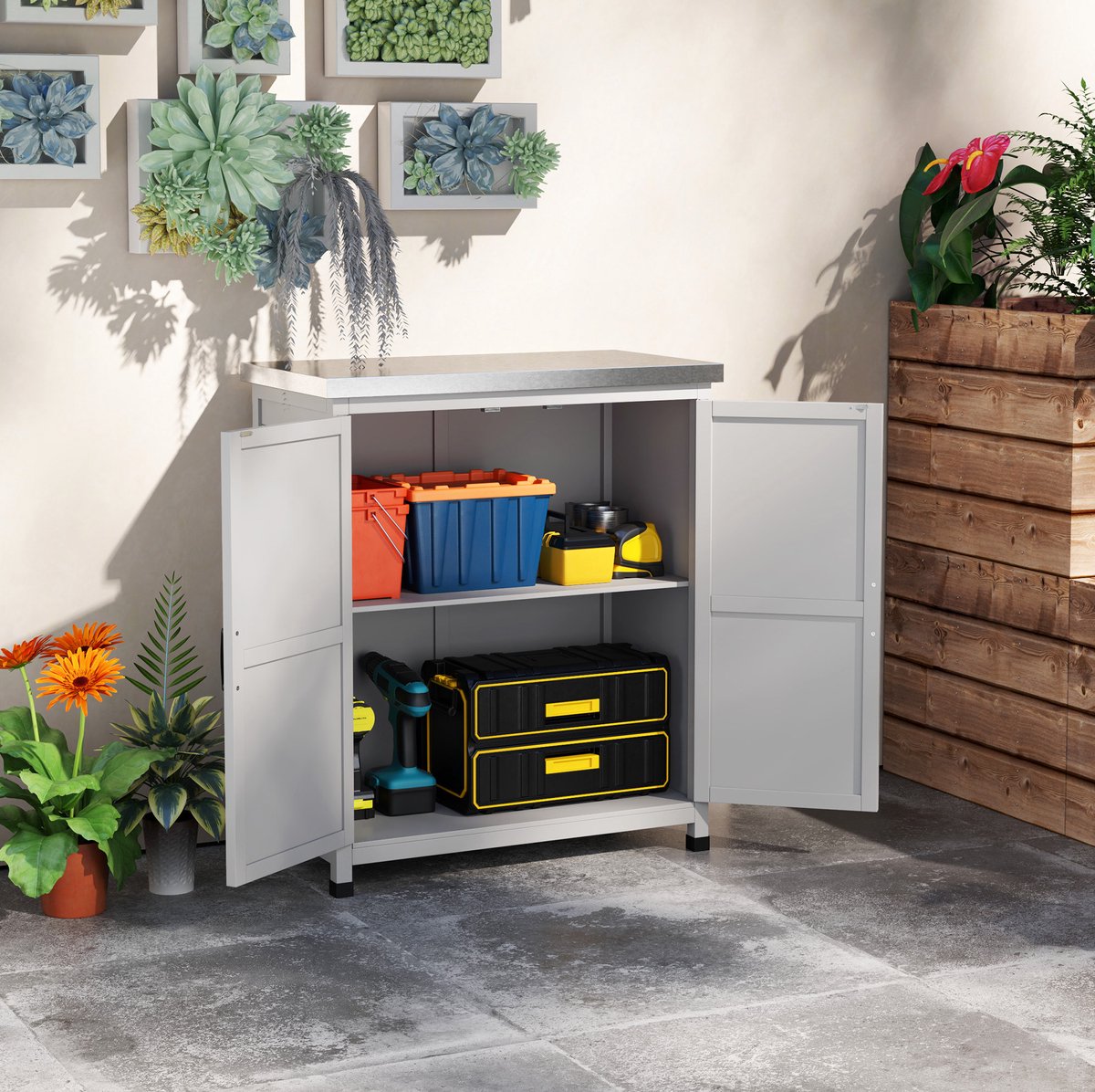 WUVRIE - Tuinopbergkast 79x43x92 cm - Dubbele deuren, legplank en werkblad - Grijs