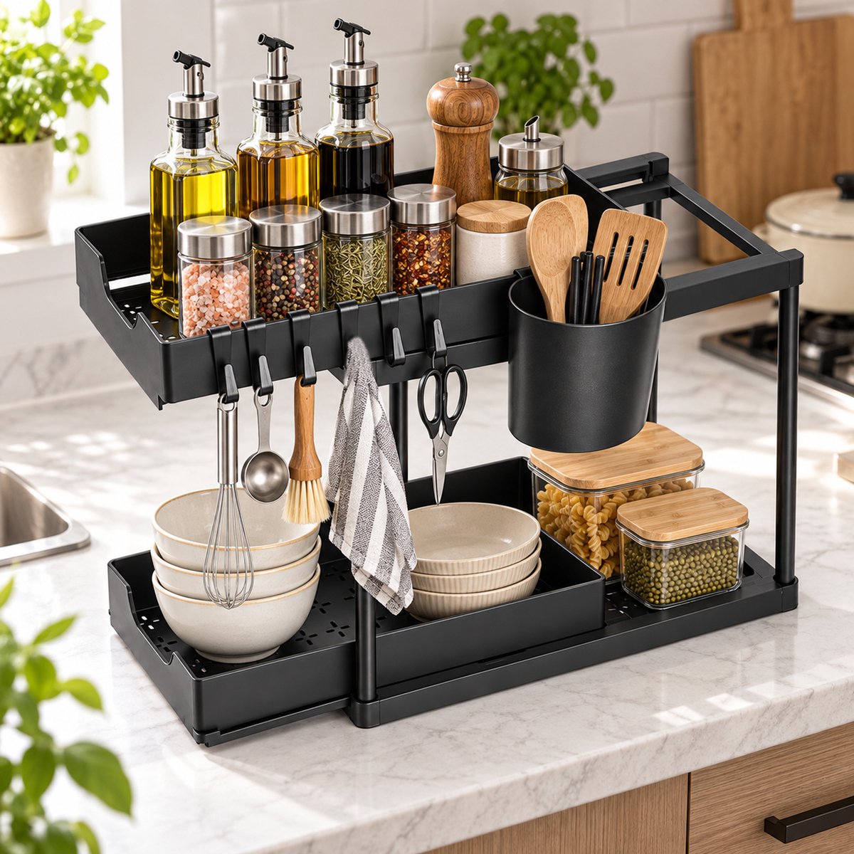 CHICFURN Dubbele Uittrekbare Kastorganizer, 2-laags opbergrek voor keuken, gootsteenkast, badkamer, bureau en kaptafel, met soepel schuivende lades, 4 zijhaken en gereedschapsvrije montage, zwart
