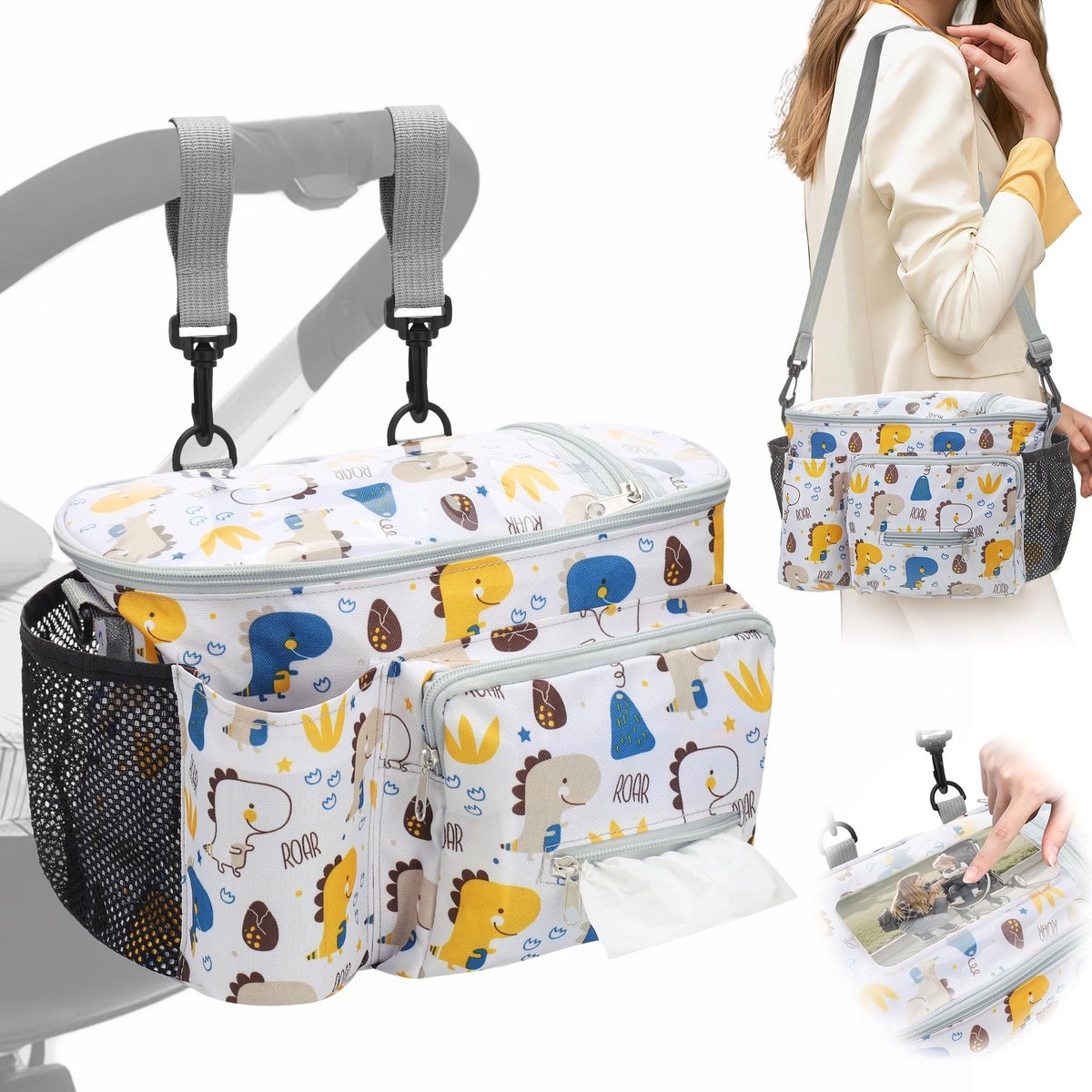 Namajunas - Kinderwagen organizer - Buggy tas Organizer - Wandelwagen organizer luiertas - Met Zijvakken, telefoonvak en verstelbare schouderriem - Universele - Compacte Tas Buggy - Box Tas - Box organizer - Kinderwagen Accessoires - Dinosaurus