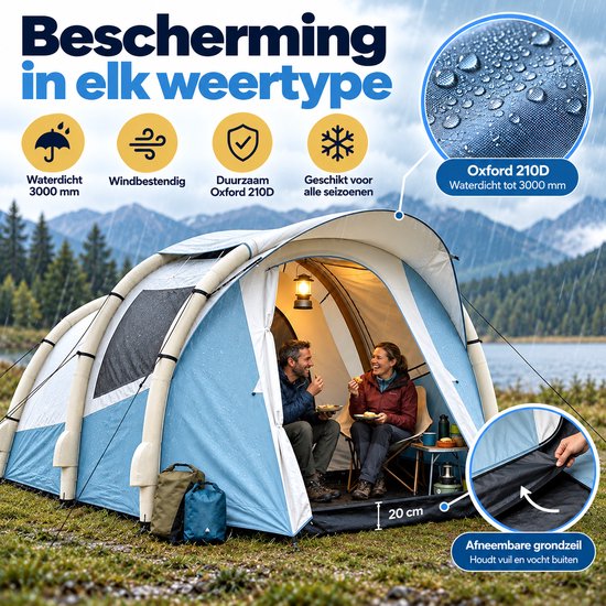 Celestul Opblaasbare Kampeertent 2-3 Personen - 2 Kamers - Met Pomp - 480 x 280 x 195 cm - 3000 mm Waterdicht - Lichtblauw — afbeelding 4