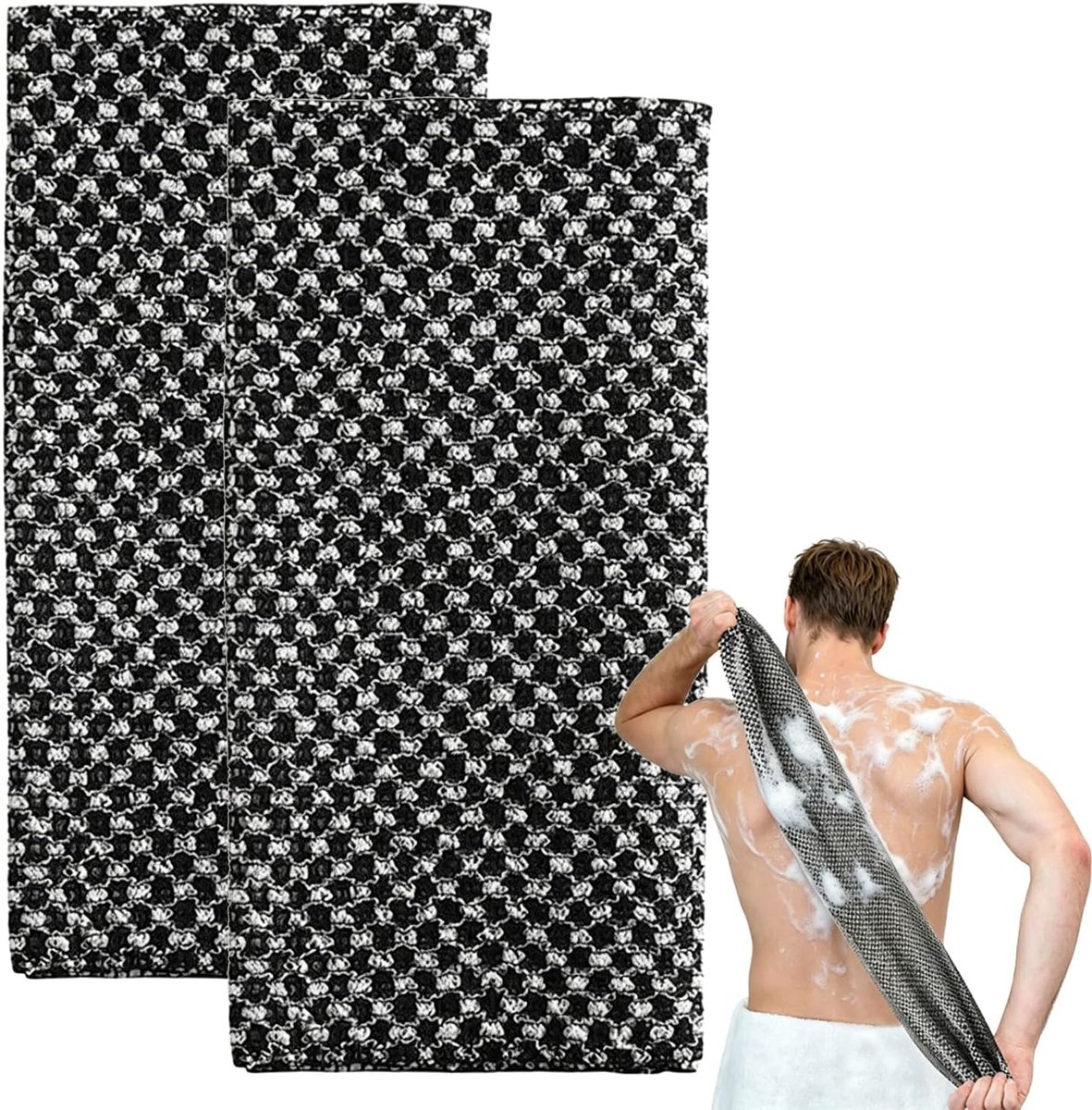 2x Exfoliërende Douchehanddoek - Extra lang tweezijdig textuur rugschrobber - Viscosevezels washandje, Zwart - ShopVlot