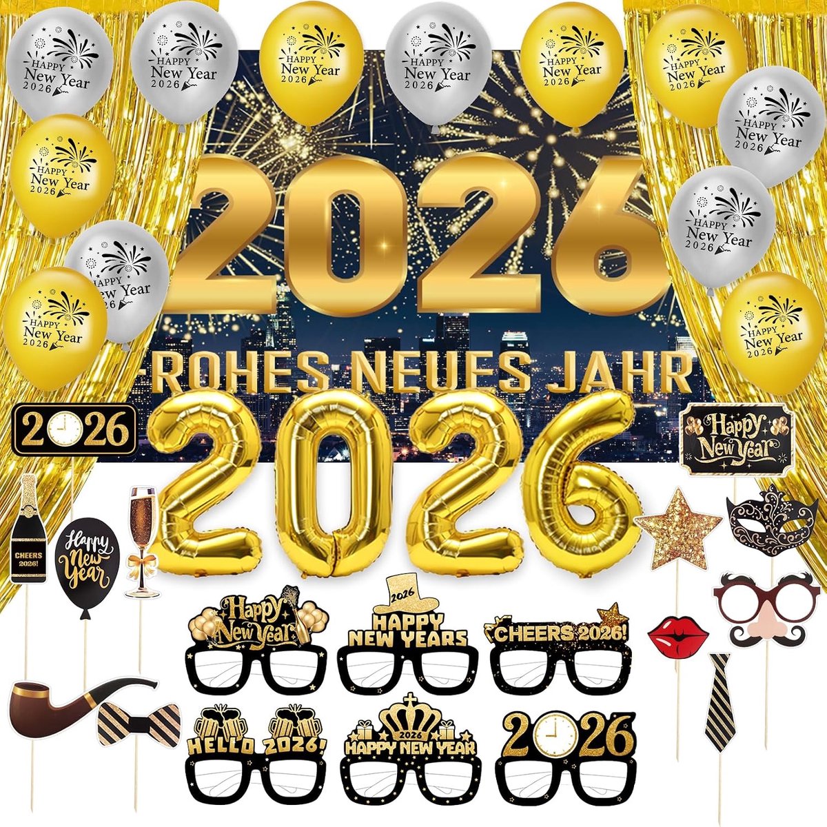 New Year's Eve Decoration 2025-2025, with more than 50 pieces, foil balloons, banner, gold lametta curtain, gold - ShopVlot