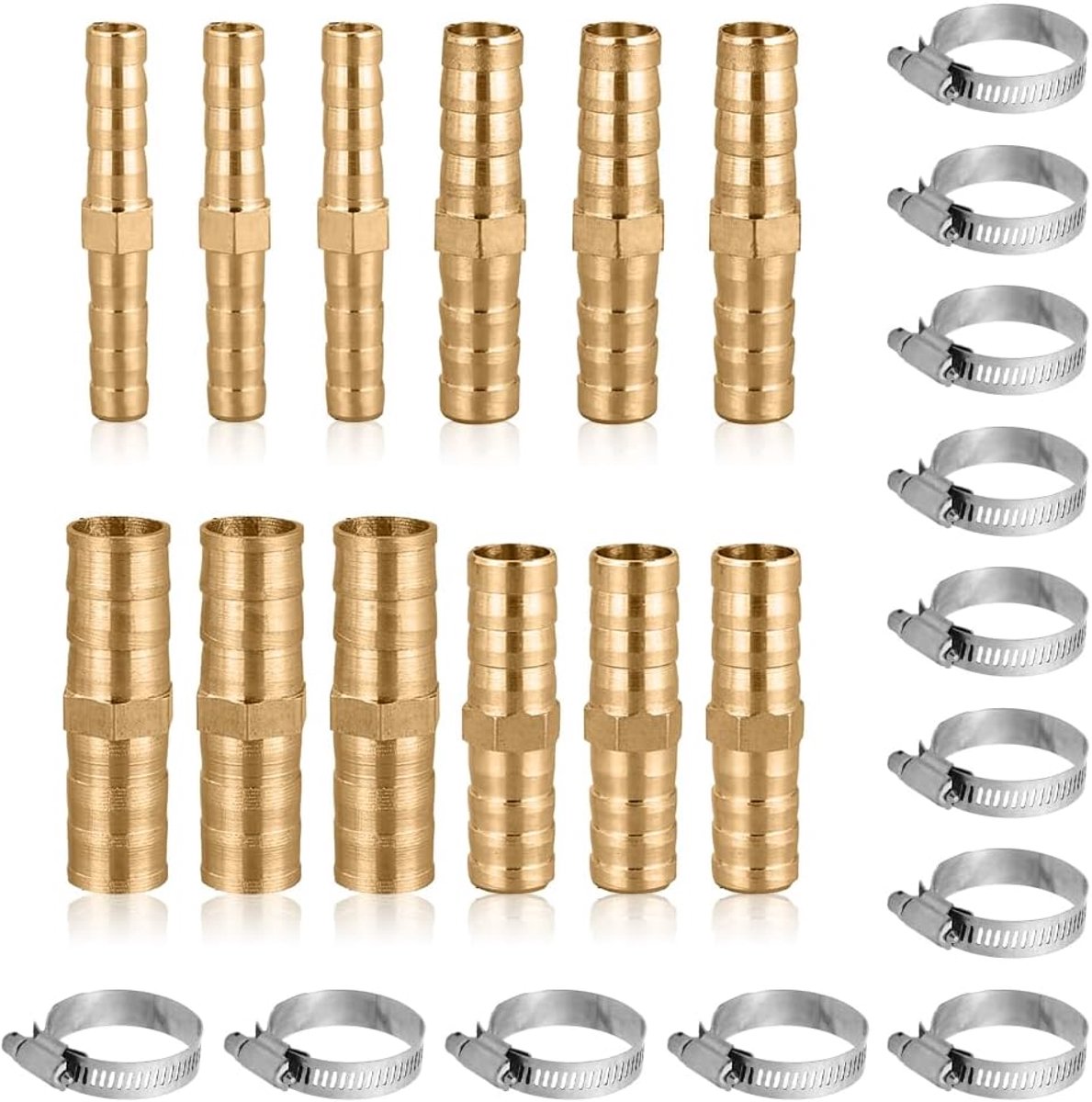 Dailygoods - Messing Slangconnector Set - 12-delige Set - Inclusief 12 Klemmen - Geschikt voor 6mm 8mm 10mm 12mm Slangen - Hoogwaardige kwaliteit - Vo...
