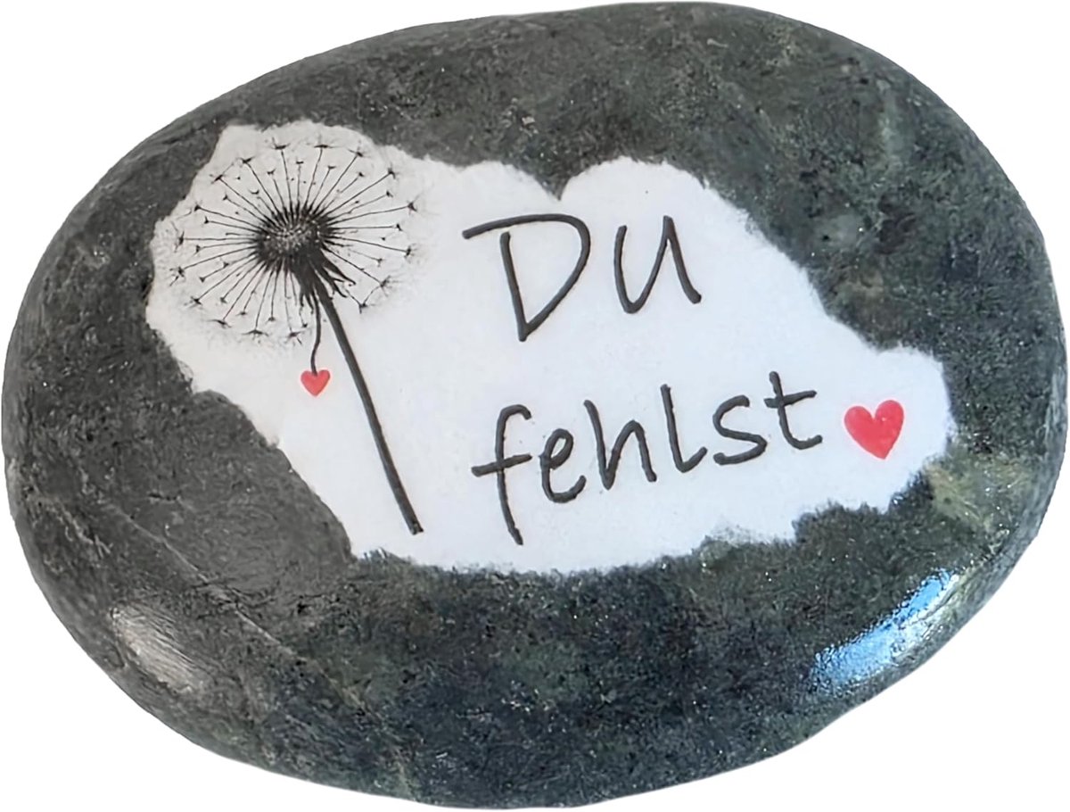 Kleine zwarte spreuken steen - Du fehlst - voor het graf en de begraafplaats Mind. 6 cm breed, weerbestendig en vorstbestendig handgemaakt met rivierkiezels