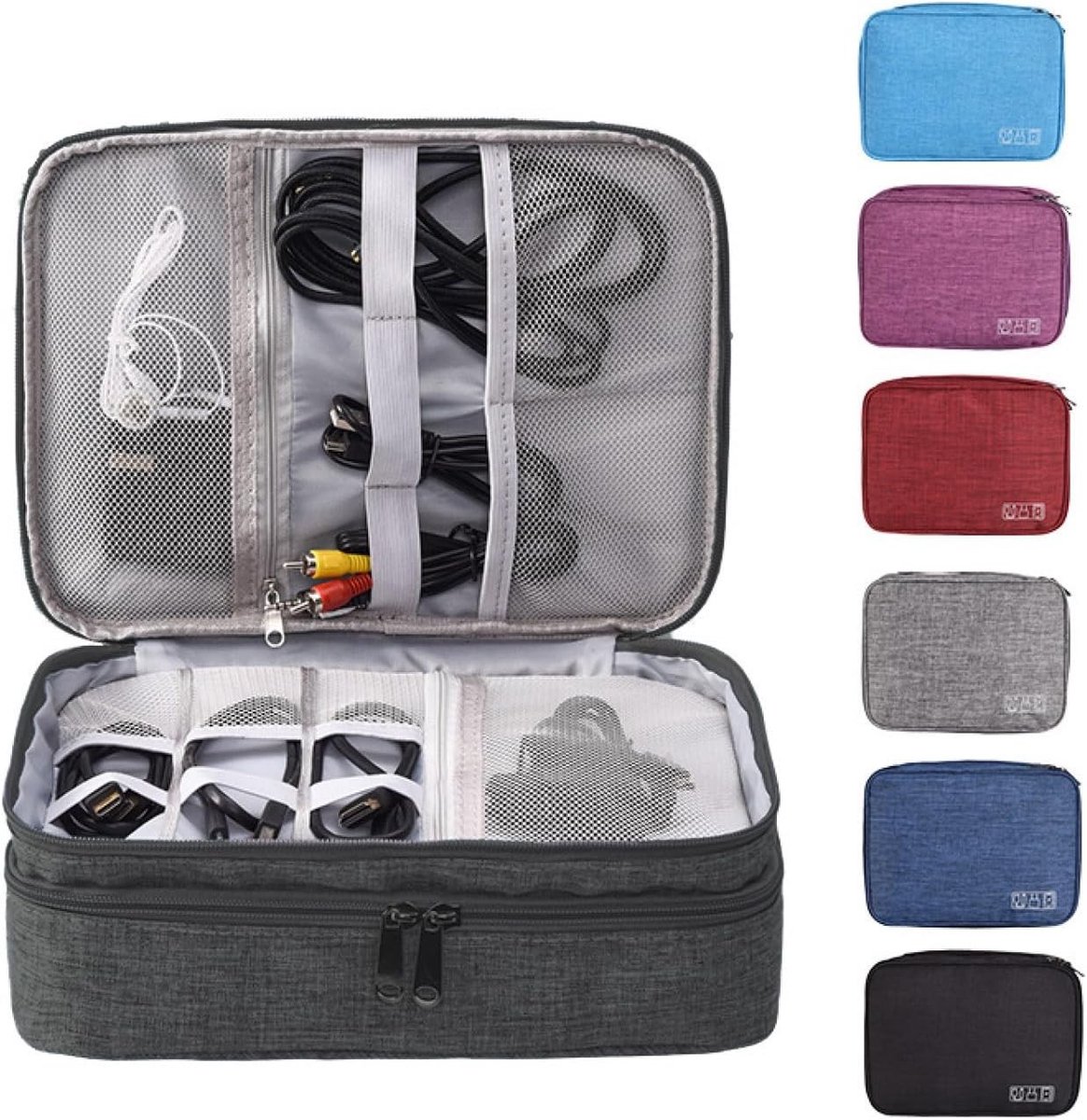 Draagbare kabelorganizer voor elektronica, reisaccessoires, oplaadkabels en meer - 3-laags zwart, praktisch en stapelbaar