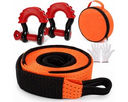 Sleepkabel, 5 m x 5 cm, 10 ton, hoogwaardige sleepriem, zeer sterk sleeptouw voor auto's, met reflecterende strepen, 2 versterkte haken en 1 paar handschoenen, voor auto, SUV, vrachtwagen