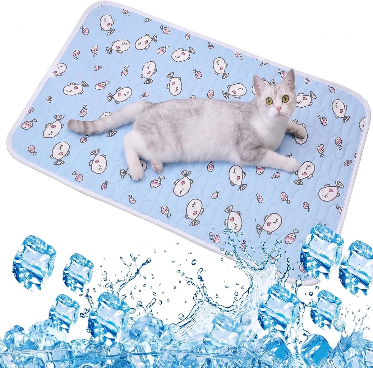Koelmat voor honden en katten, koude deken van latex voor de zomer, met blauw visdesign, verkoelend bed voor kleine honden en huisdieren tot 6 kg, ademende mat, 50 x 40 cm