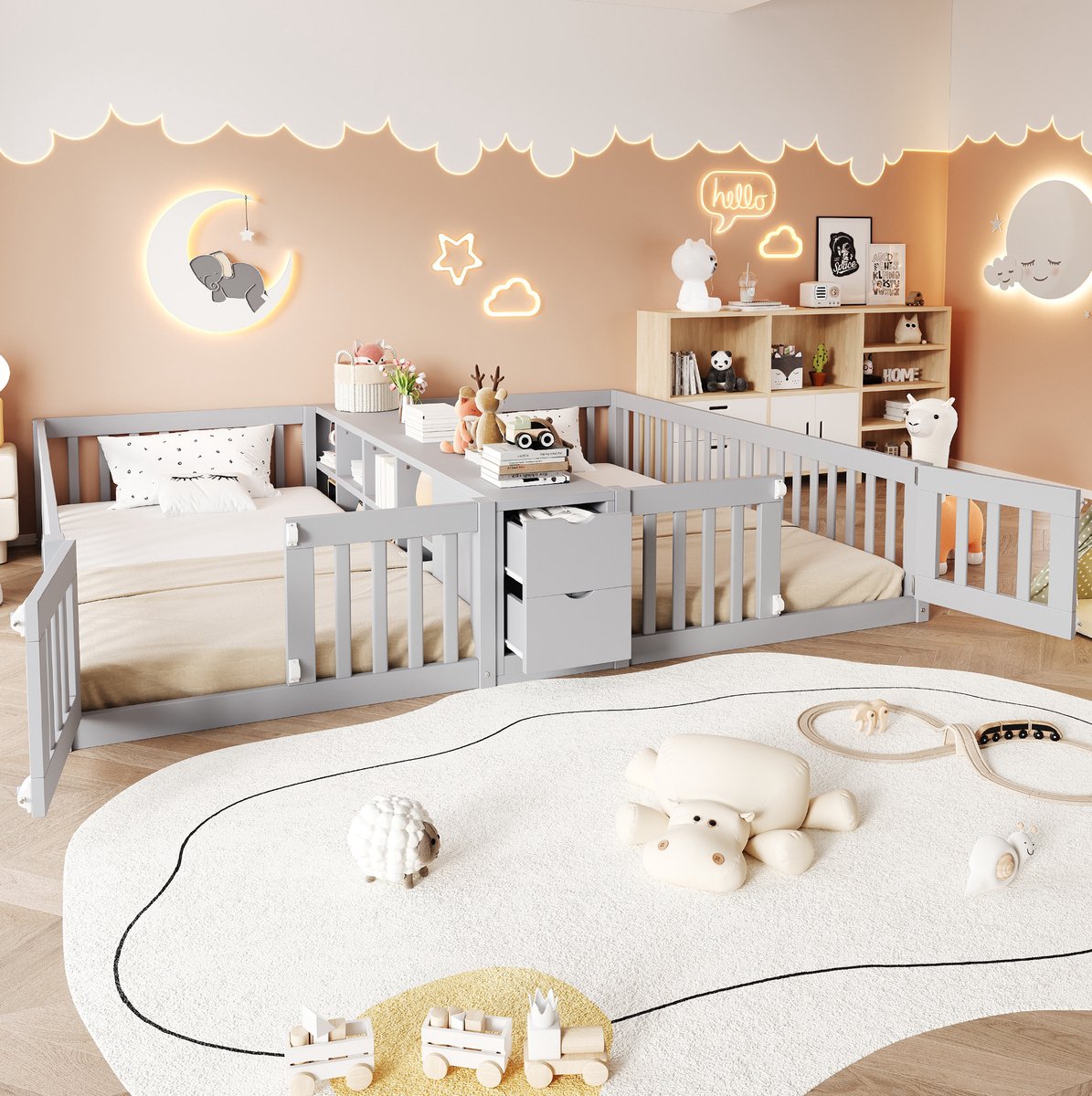 REDOM Kinderbed met twee slaapplaatsen - Hoge veiligheidshekken - Open dubbel opbergvak en twee lades - Hout en MDF - Grijs - 219.6 x 204 x 33.5 cm