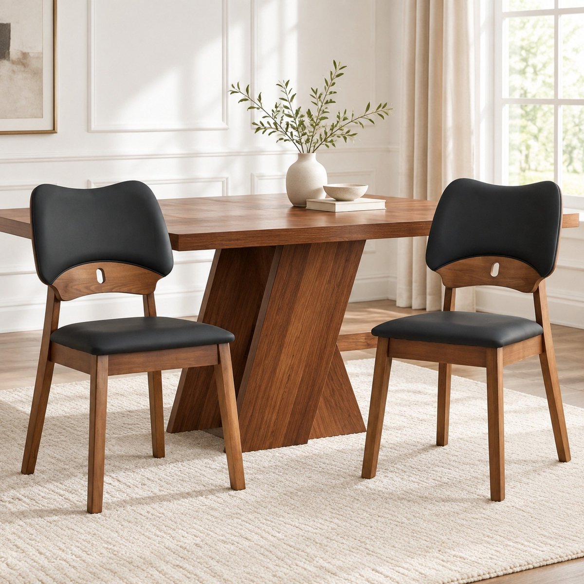 REDOM Eetkamerstoel set van 2 - Gepolsterde zitting - Vlindervormige houten rugleuning - Schuine vierpoot - Modern - Hout - Zwart - 51 x 43 x 87,5 cm